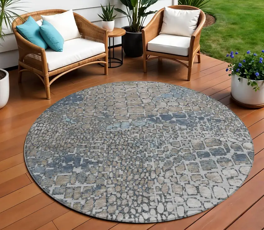 8' Silver Blue And Brown Round Abstract Washable Indoor Outdoor Area Rug Photo 1