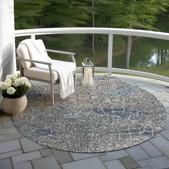 8' Silver Blue And Brown Round Abstract Washable Indoor Outdoor Area Rug Photo 7