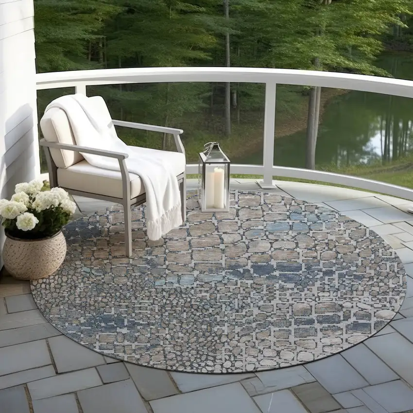 8' Silver Blue And Brown Round Abstract Washable Indoor Outdoor Area Rug Photo 7