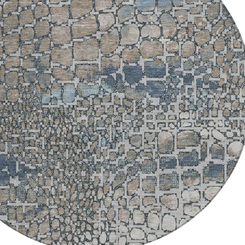 8' Silver Blue And Brown Round Abstract Washable Indoor Outdoor Area Rug Photo 5