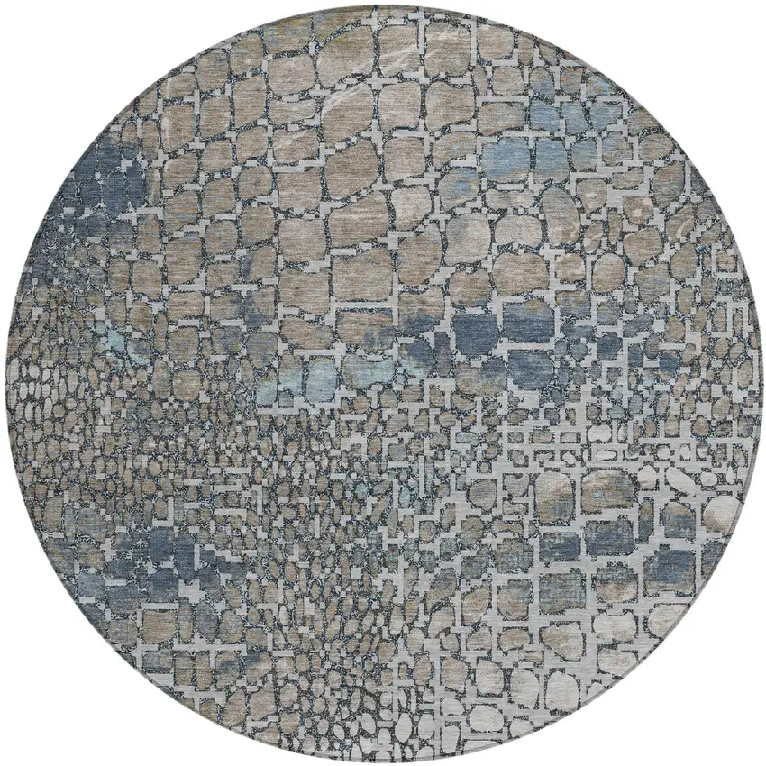 8' Silver Blue And Brown Round Abstract Washable Indoor Outdoor Area Rug Photo 2