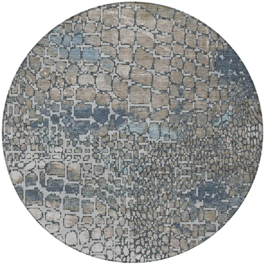 8' Silver Blue And Brown Round Abstract Washable Indoor Outdoor Area Rug Photo 6