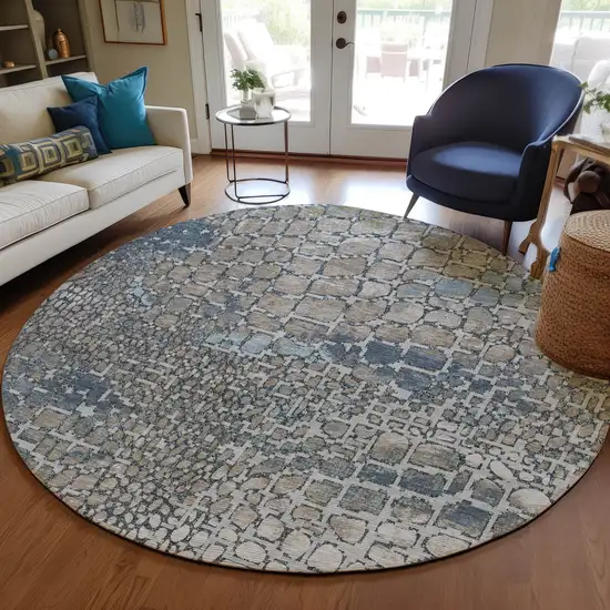 8' Silver Blue And Brown Round Abstract Washable Indoor Outdoor Area Rug Photo 8
