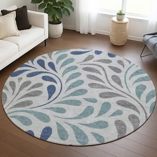 8' Silver Blue And Gray Round Botanical Leaves Washable Indoor Outdoor Area Rug Photo 5