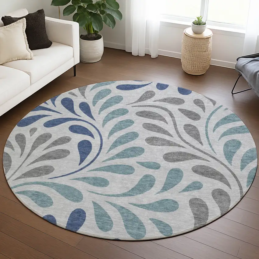 8' Silver Blue And Gray Round Botanical Leaves Washable Indoor Outdoor Area Rug Photo 5