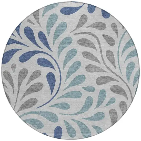 8' Silver Blue And Gray Round Botanical Leaves Washable Indoor Outdoor Area Rug Photo 3