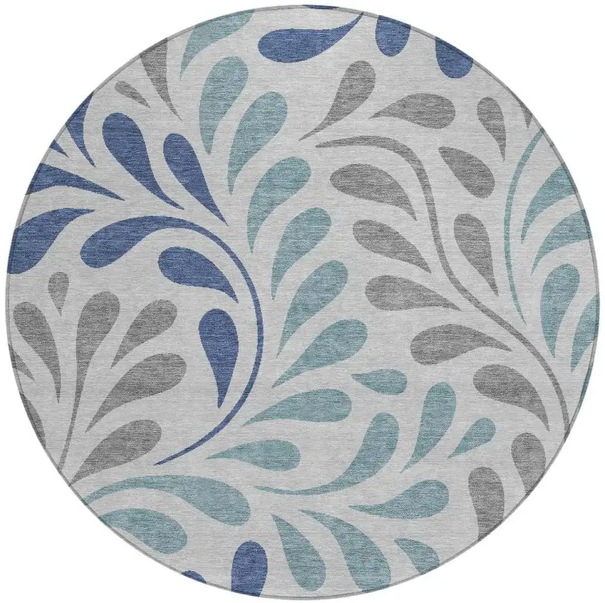8' Silver Blue And Gray Round Botanical Leaves Washable Indoor Outdoor Area Rug Photo 3