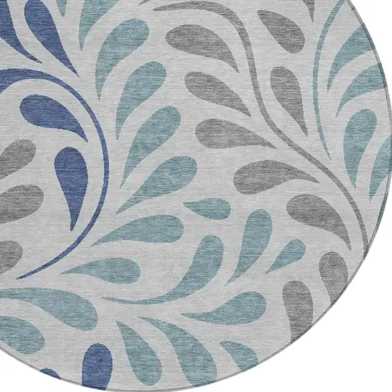 8' Silver Blue And Gray Round Botanical Leaves Washable Indoor Outdoor Area Rug Photo 2