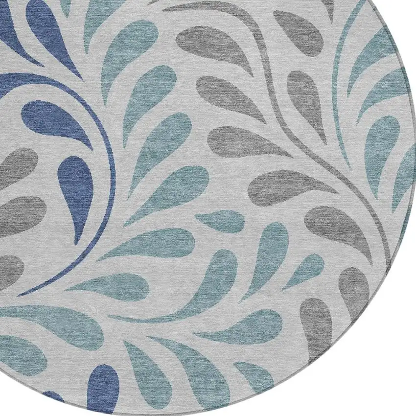 8' Silver Blue And Gray Round Botanical Leaves Washable Indoor Outdoor Area Rug Photo 2