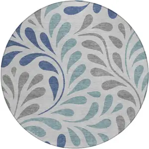 Photo of 8' Silver Blue And Gray Round Botanical Leaves Washable Indoor Outdoor Area Rug