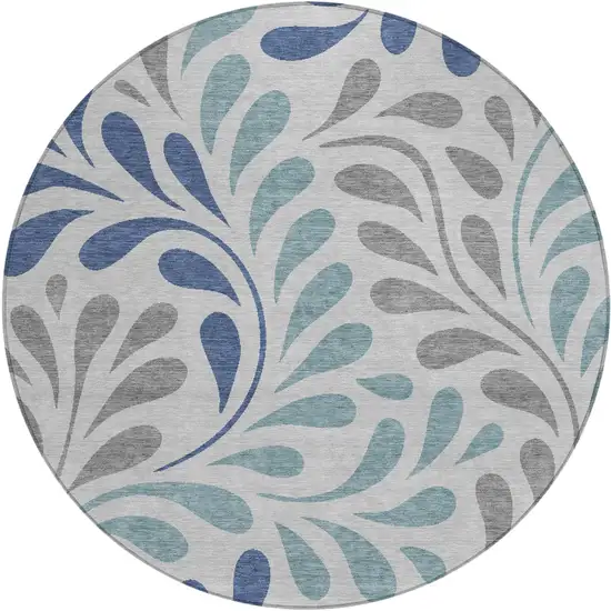 8' Silver Blue And Gray Round Botanical Leaves Washable Indoor Outdoor Area Rug Photo 1