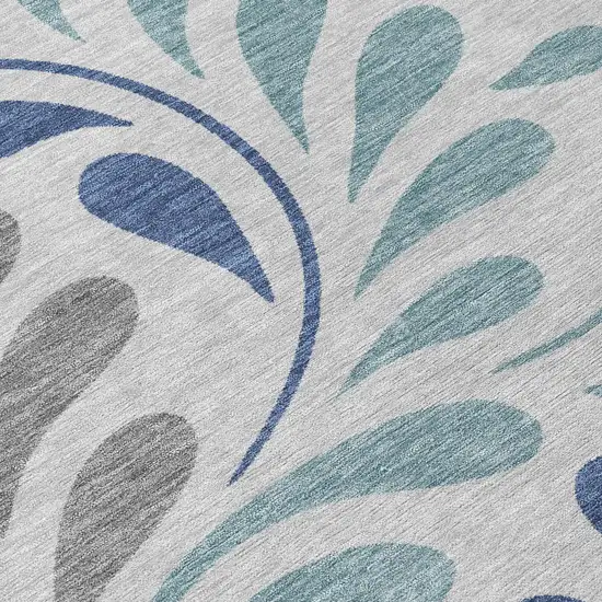 8' Silver Blue And Gray Round Botanical Leaves Washable Indoor Outdoor Area Rug Photo 9