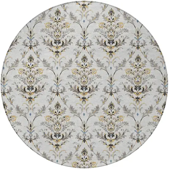 8' Silver Blue And Gray Round Damask Washable Indoor Outdoor Area Rug Photo 5