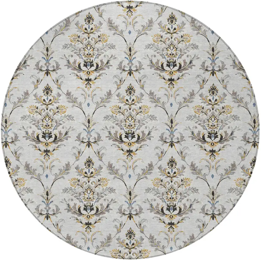 8' Silver Blue And Gray Round Damask Washable Indoor Outdoor Area Rug Photo 5