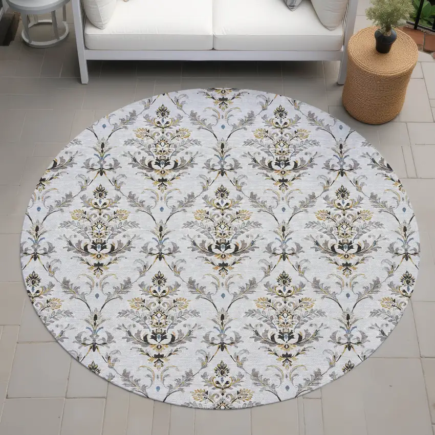 8' Silver Blue And Gray Round Damask Washable Indoor Outdoor Area Rug Photo 9