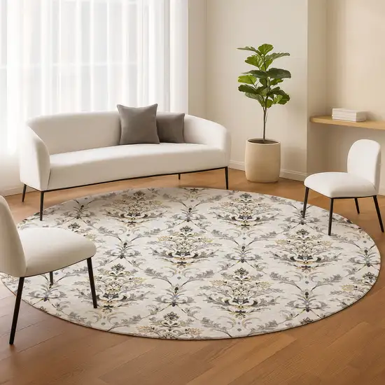 8' Silver Blue And Gray Round Damask Washable Indoor Outdoor Area Rug Photo 9