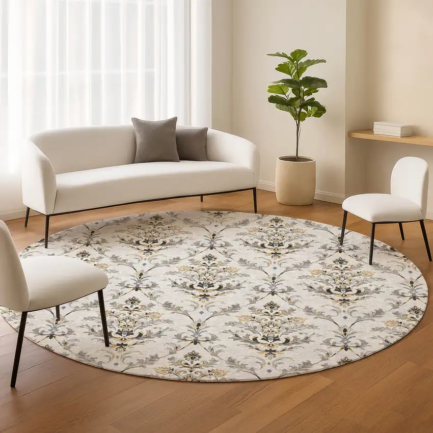 8' Silver Blue And Gray Round Damask Washable Indoor Outdoor Area Rug Photo 9