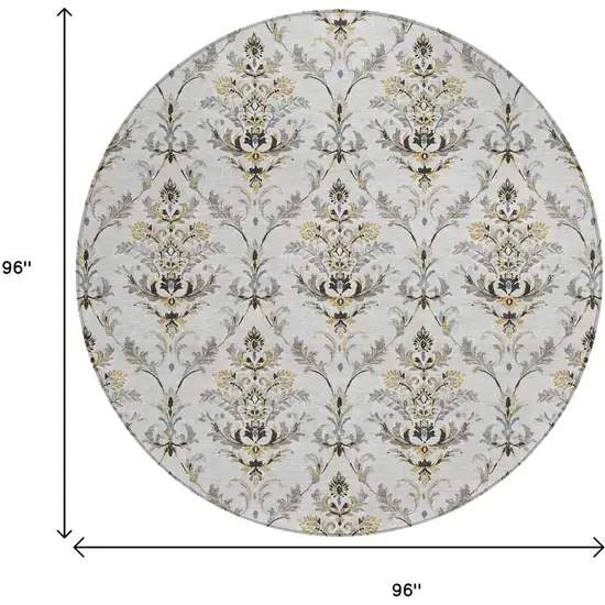 8' Silver Blue And Gray Round Damask Washable Indoor Outdoor Area Rug Photo 3