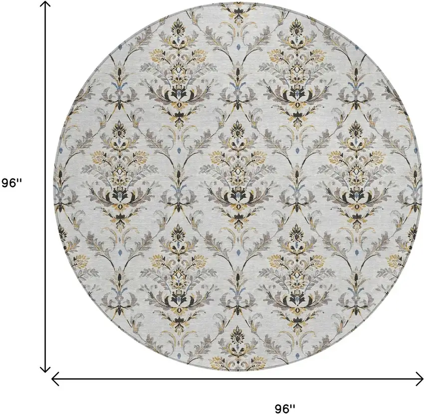 8' Silver Blue And Gray Round Damask Washable Indoor Outdoor Area Rug Photo 3