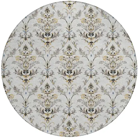 8' Silver Blue And Gray Round Damask Washable Indoor Outdoor Area Rug Photo 4