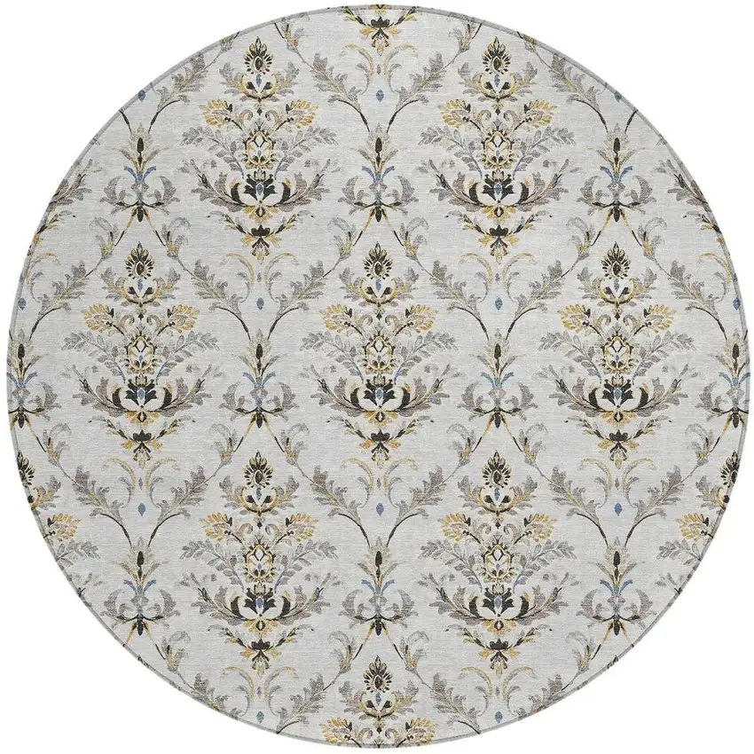 8' Silver Blue And Gray Round Damask Washable Indoor Outdoor Area Rug Photo 4