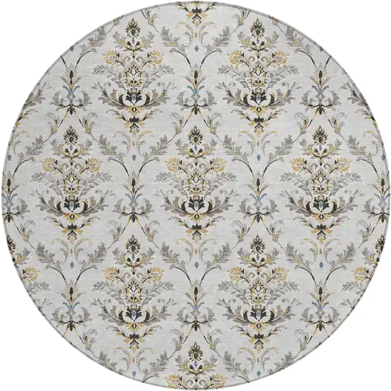 8' Silver Blue And Gray Round Damask Washable Indoor Outdoor Area Rug Photo 2