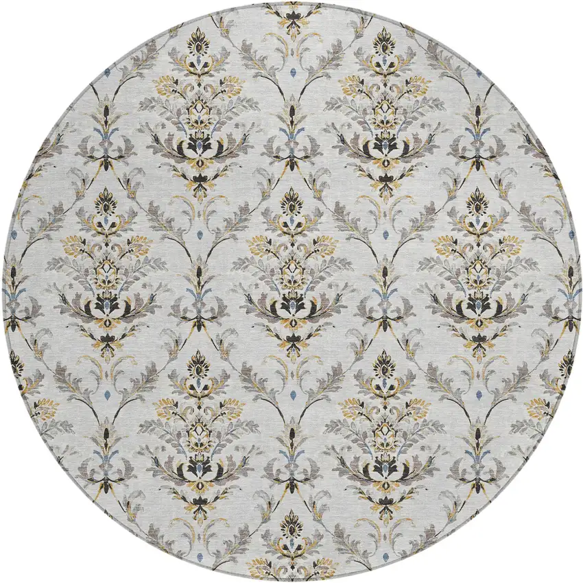8' Silver Blue And Gray Round Damask Washable Indoor Outdoor Area Rug Photo 2