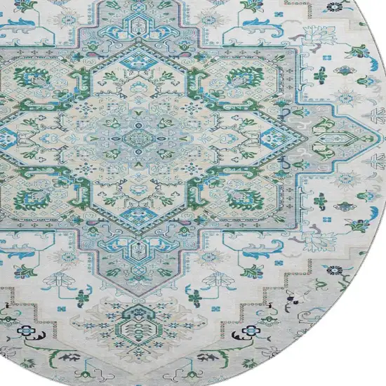 8' Silver Blue And Ivory Oriental Washable Round Rug With UV Protection Photo 2
