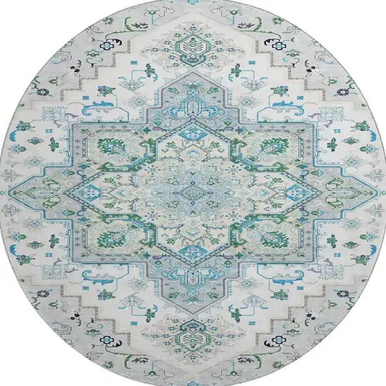 8' Silver Blue And Ivory Oriental Washable Round Rug With UV Protection Photo 3