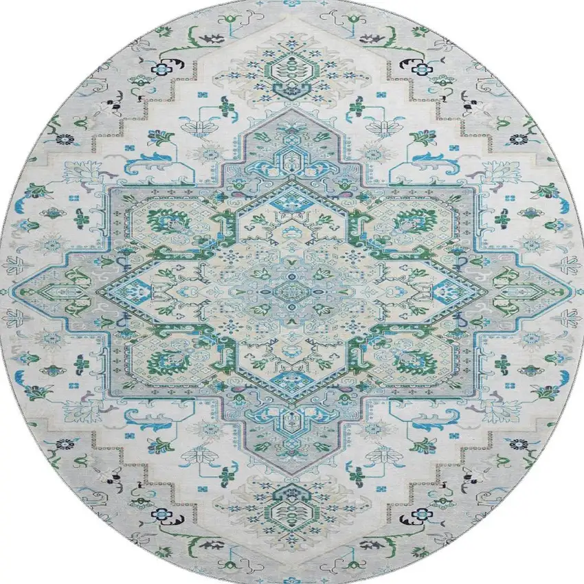8' Silver Blue And Ivory Oriental Washable Round Rug With UV Protection Photo 3