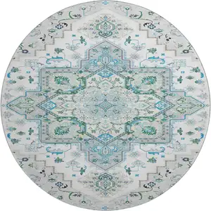 Photo of 8' Silver Blue And Ivory Oriental Washable Round Rug With UV Protection