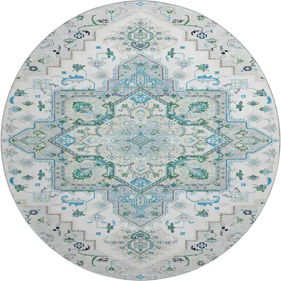 8' Silver Blue And Ivory Oriental Washable Round Rug With UV Protection Photo 1