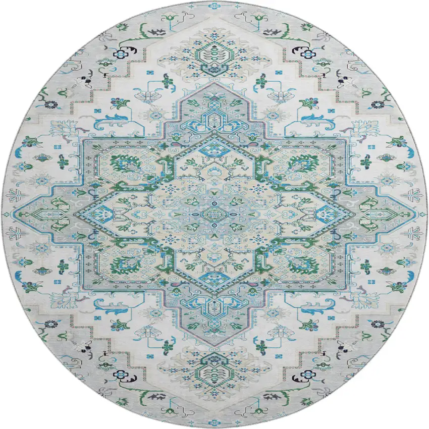 8' Silver Blue And Ivory Oriental Washable Round Rug With UV Protection Photo 1