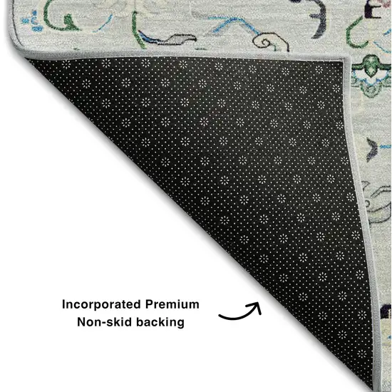 8' Silver Blue And Ivory Oriental Washable Round Rug With UV Protection Photo 5