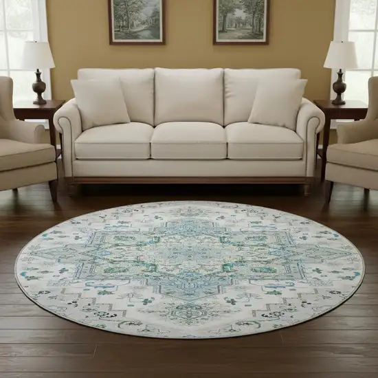8' Silver Blue And Ivory Oriental Washable Round Rug With UV Protection Photo 2