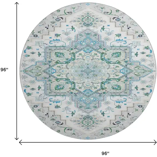 8' Silver Blue And Ivory Oriental Washable Round Rug With UV Protection Photo 9