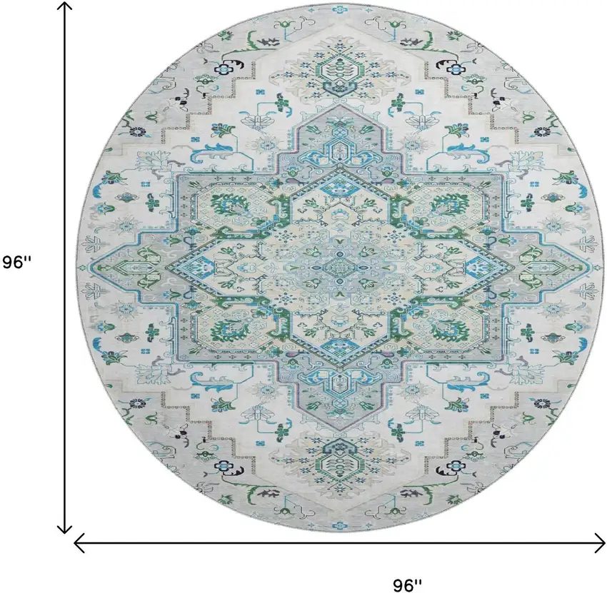 8' Silver Blue And Ivory Oriental Washable Round Rug With UV Protection Photo 9