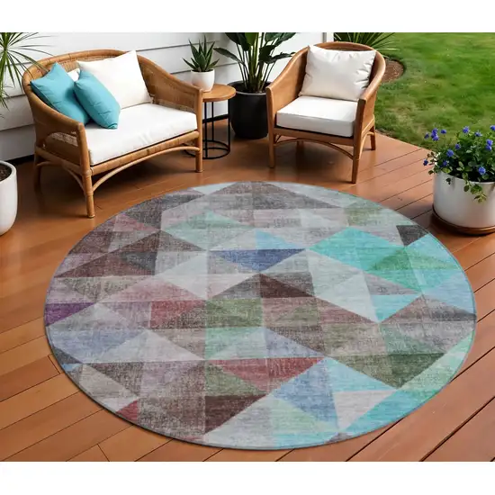 8' Silver Blue And Purple Round Geometric Washable Indoor Outdoor Area Rug Photo 2