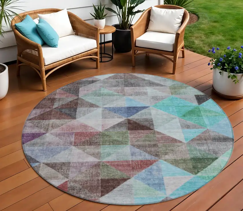 8' Silver Blue And Purple Round Geometric Washable Indoor Outdoor Area Rug Photo 2