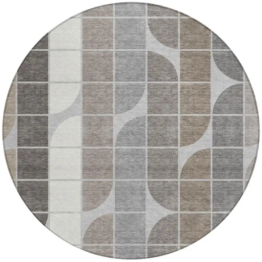 8' Silver Brown And Gray Round Geometric Washable Indoor Outdoor Area Rug Photo 3
