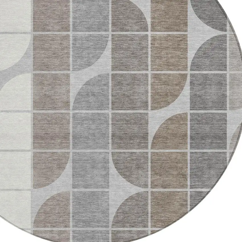 8' Silver Brown And Gray Round Geometric Washable Indoor Outdoor Area Rug Photo 2