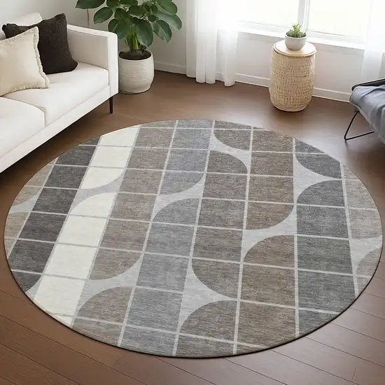8' Silver Brown And Gray Round Geometric Washable Indoor Outdoor Area Rug Photo 5