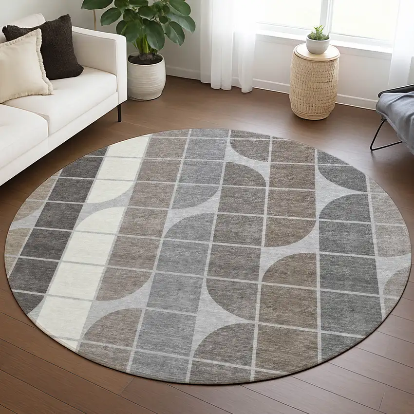 8' Silver Brown And Gray Round Geometric Washable Indoor Outdoor Area Rug Photo 5