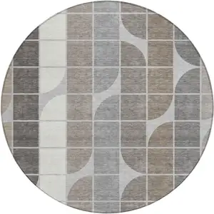Photo of 8' Silver Brown And Gray Round Geometric Washable Indoor Outdoor Area Rug