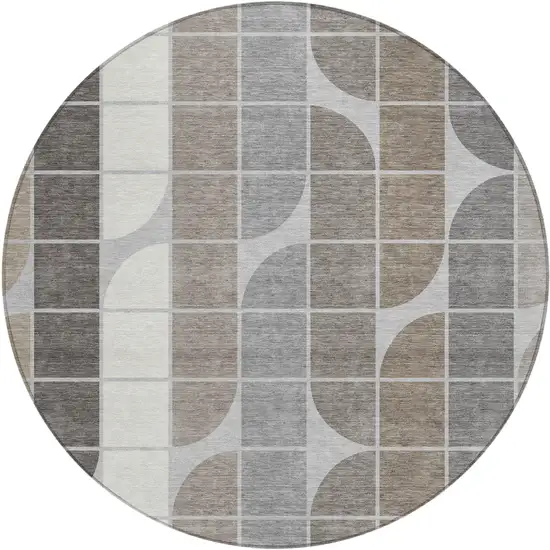 8' Silver Brown And Gray Round Geometric Washable Indoor Outdoor Area Rug Photo 1