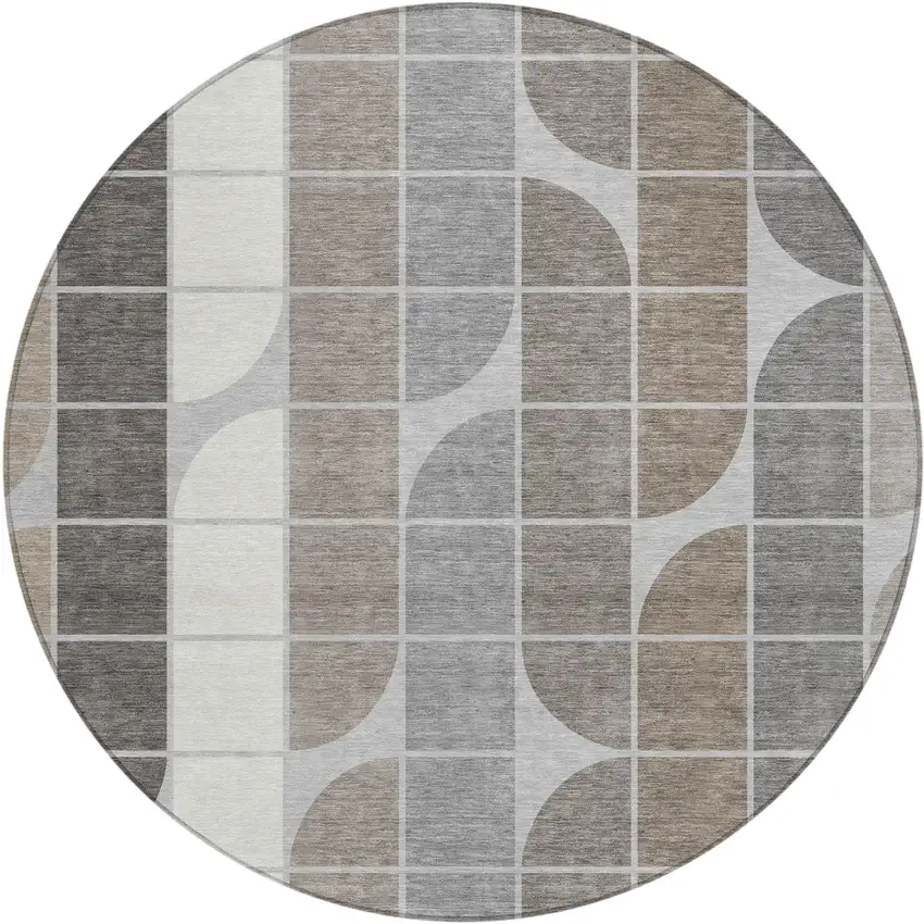 8' Silver Brown And Gray Round Geometric Washable Indoor Outdoor Area Rug Photo 1