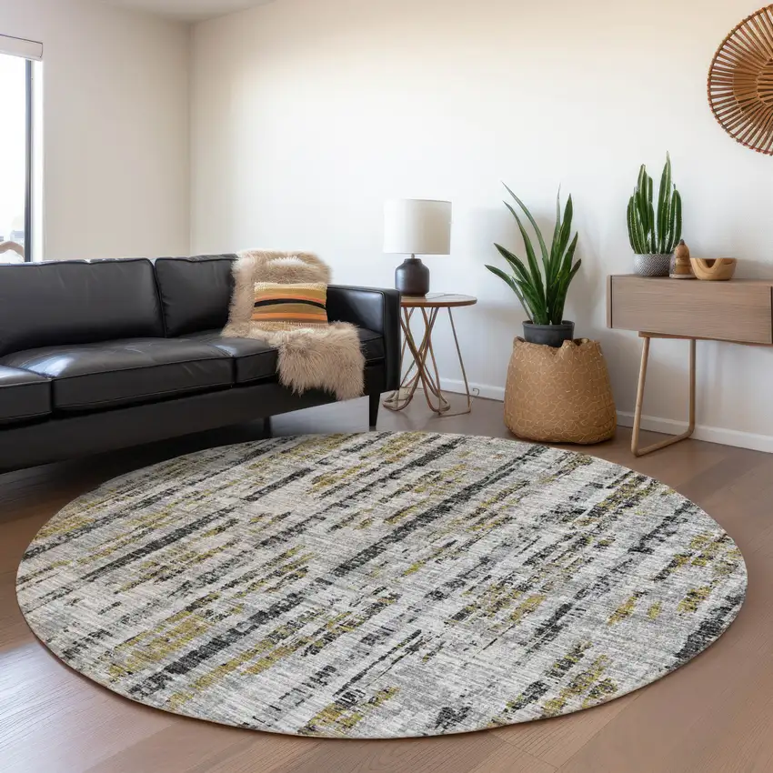 8' Silver Charcoal And Gold Round Abstract Washable Indoor Outdoor Area Rug Photo 5