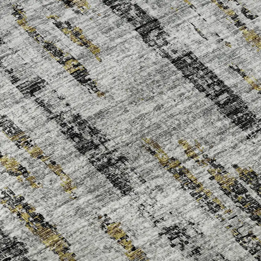 8' Silver Charcoal And Gold Round Abstract Washable Indoor Outdoor Area Rug Photo 6