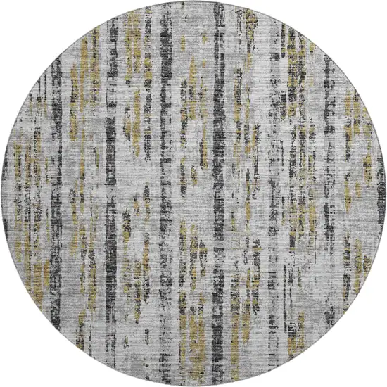 8' Silver Charcoal And Gold Round Abstract Washable Indoor Outdoor Area Rug Photo 2
