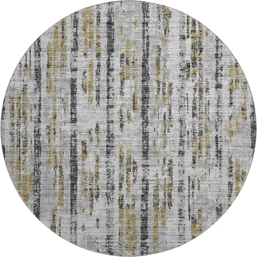 8' Silver Charcoal And Gold Round Abstract Washable Indoor Outdoor Area Rug Photo 2